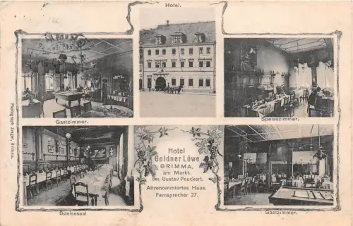 Grimma Hotel Goldner Löwe Altrenommierter Haus gelaufen 1910 Lithographie
