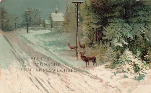 Die besten Wünsche zum Jahreswechsel Hirsch Straße Schnee Postkarte AK 1908