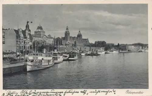 Oderpartie mit Dampferschiffe in Stettin Pommern Postkarte AK 1940