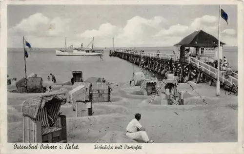 Ostseebad Dahme i. Holst. Seebrücke mit Dampfer AK 1938