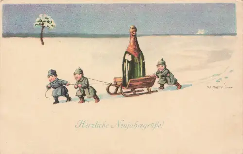 Kleinere Soldaten mit Schlitten und Sekt Neujahr Hofmann Postkarte 1.WK