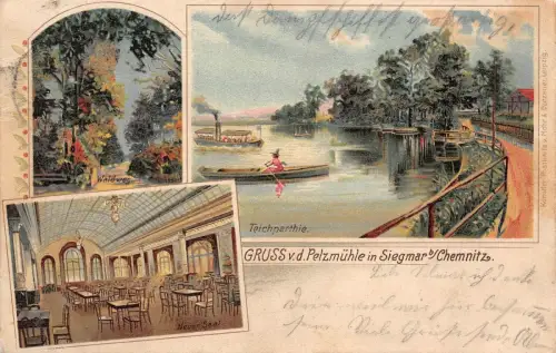 Gruss von der Pelzmühle in Siegmar bei Chemnitz Sachsen Litho Postkarte AK 1900