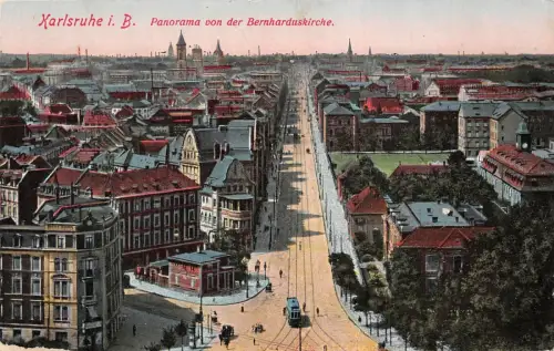 Karlsruhe i. B. Panorama von der Bernharduskirche Feldpostkarte AK 1915
