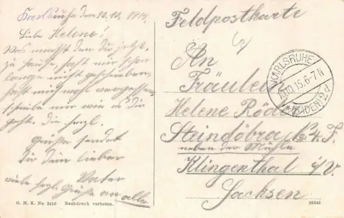 Karlsruhe i. B. Panorama von der Bernharduskirche Feldpostkarte AK 1915