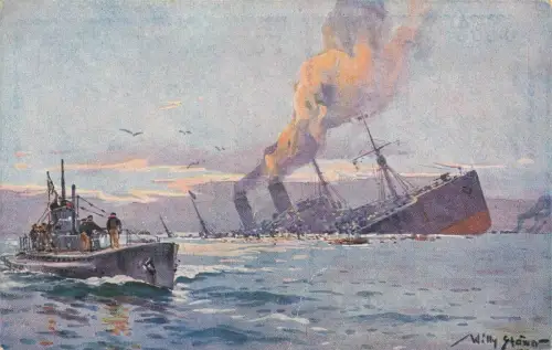 Versenkung eines Truppentransportdampfers durch deutsche U-Boot Postkarte AK