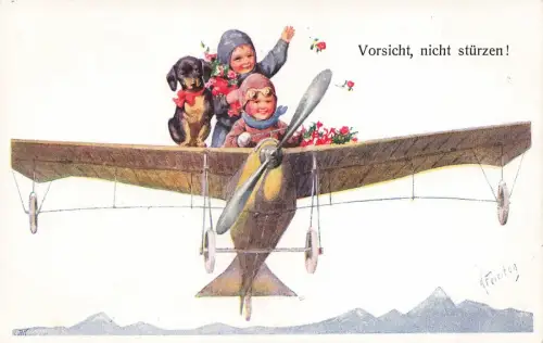 Eindecker Flugzeug Dackel Künstlerkarte K. Feiertag Nr 5