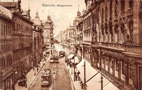 Chemnitz Sachsen Königstrasse Postkarte 1909 Straßenbahn