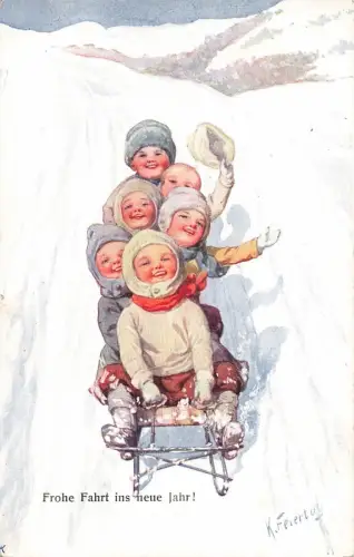 Frohe Neujahr Kinder Schlitten Künstlerkarte K. Feiertag Nr 6