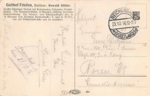 Gruß aus Friesen bei Reichenbach i. V. Gasthof Friesen Feldpostkarte AK 1916