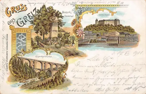 Gruss aus Greiz Bismark-Denkmal Elsterthalbrücke Oberes Schloss Litho AK 1901