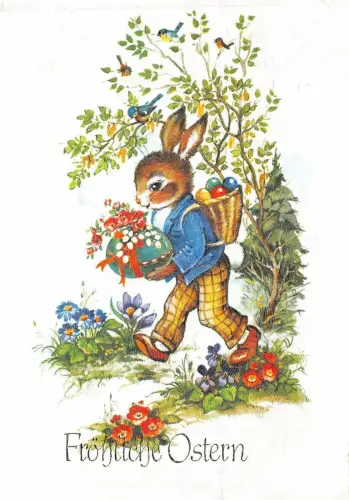 AK Ostern, Hase mit Osterkorb im Wald Postkarte