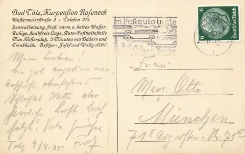 Kurpension Roseneck in Bad Tölz Bayern Postkarte AK 1935