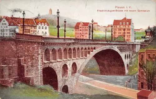 Plauen i. V. Friedrich-August-Brücke mit neuem Gymnasium AK 1911