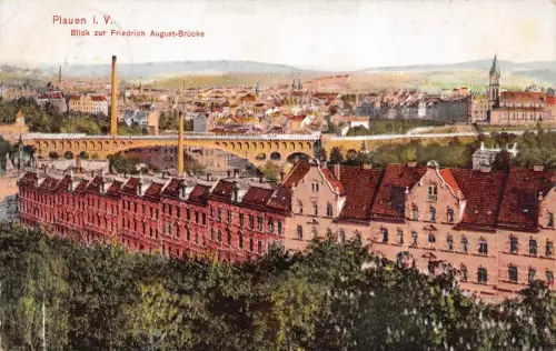 Plauen i. V. Blick zur Friedrich August-Brücke Postkarte AK 1910