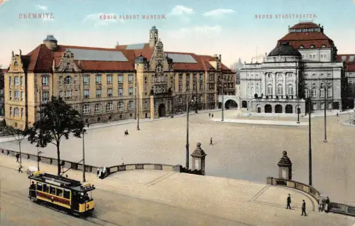 Chemnitz König Albert Museum Neues Stadttheater Straßenbahn AK 1911