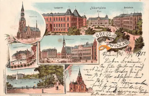 Gruss aus Zwickau Post, Rathaus und Strafanstalt Sachsen Litho Postkarte AK 1902