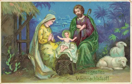 Gesegnetes Weihnachtsfest! Christkind Joseph Maria Schafe Postkarte AK