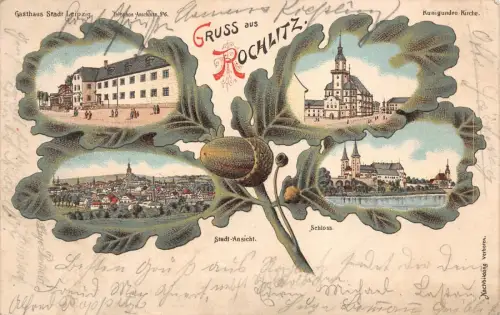 Gruss aus Rochlitz mit Gasthaus, Schloss, Kirche Sachsen Litho Postkarte AK 1900