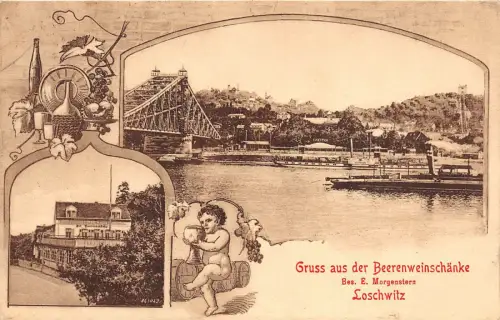 Loschwitz Beerenweinschänke Gasthaus ,Dampfer, Brücke 1909