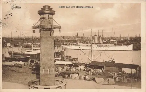 Blick von der Hakenterrasse mit Dampfschiff in Stettin Pommern Postkarte AK 1929