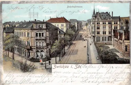 Zwickau sachsen Bahnhofstrasse Heliokolorkarte gelaufen 1905
