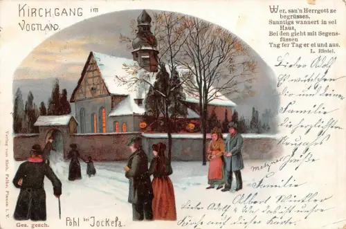 AK Winterpostkarte Kirchgang im Vogtland Pöhl bei Jocketa 1896