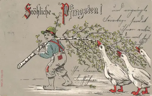 Fröhliche Pfingsten! Gänse Kind Baum Postkarte AK 1904