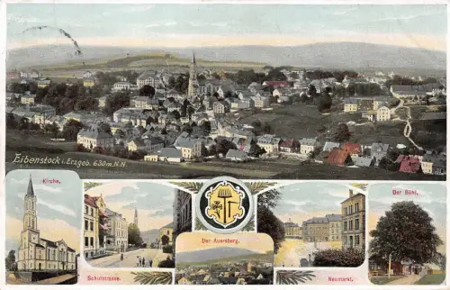 Stadtansicht Kirche und Schulstrasse Eibenstock Erzgebirge Sachsen AK 1907