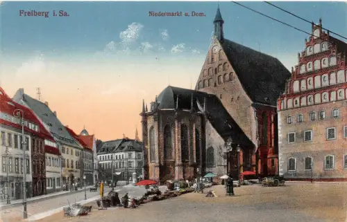Niedermarkt und Dom in Freiberg Sachsen Postkarte AK