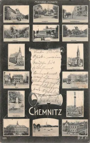 Panorama-Karte mit Kirchen und Postamt von Chemnitz Sachsen Postkarte AK 1904