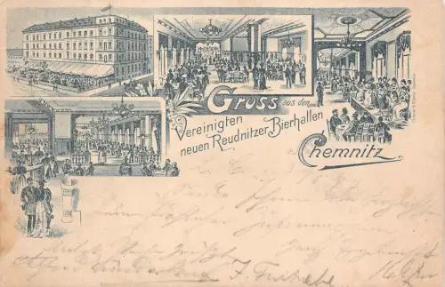 Gruss aus Chemnitz Vereinigten neuen Reudnitzer Bierhallen AK 1897