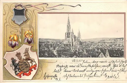 Ulm von Osten Wappen Postkarte geprägt 1901