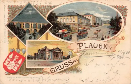 Gruss aus Plauen Bahnhofstrasse mit Straßenbahn, Theater Sachsen Litho AK 1900