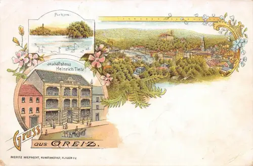 Gruss aus Greiz Geschäftshaus und Parksee Thüringen Litho Postkarte