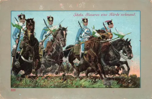 Sächsische Husaren eine Hürde nehmend. Weiße Kordel Grimma Sachsen AK