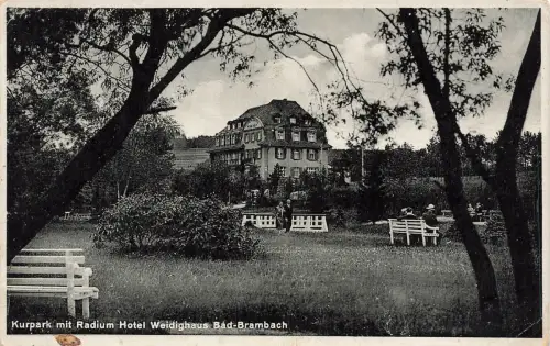 Kurpark mit Radium Hotel Weidighaus Bad-Brambach Postkarte AK