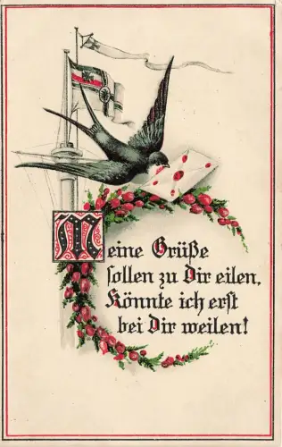 Spruchkarte mit Brieftaube, Mast mit Reichsfahne Postkarte Geprägt AK 1916