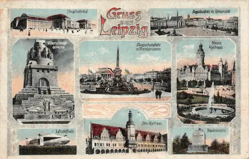 Gruss aus Leipzig Augustusplatz m. Mendebrunnen Feldpostkarte AK 1918