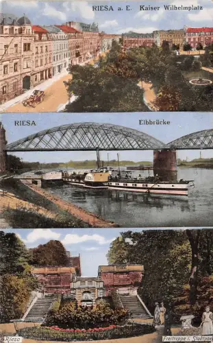 Riesa a. E. Kaiser Wilhelmplatz Elbbrücke Freitreppe Stadtpark Feldpost AK 1917