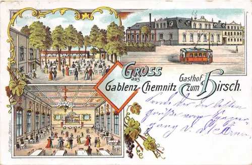 Gruss aus Gablenz - Chemnitz Gasthof zum Hirsch, Strassenbahn Lithographie 1904