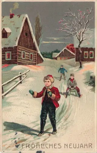 Fröhliches Neujahr Schlitten Kinder schneebedeckte Häuser Postkarte AK 1911