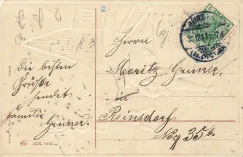 Fröhliches Neujahr Schlitten Kinder schneebedeckte Häuser Postkarte AK 1911