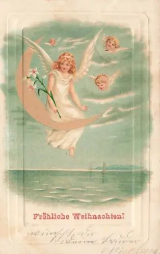 Fröhliche Weihnachten! Engelskind Flügel Halbmond Meer Boote Postkarte AK