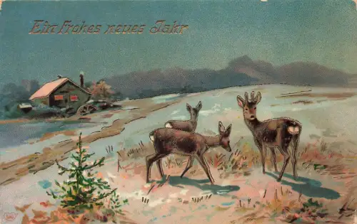 Ein frohes neues Jahr Rehe Haus Schnee Tanne Postkarte AK 1909