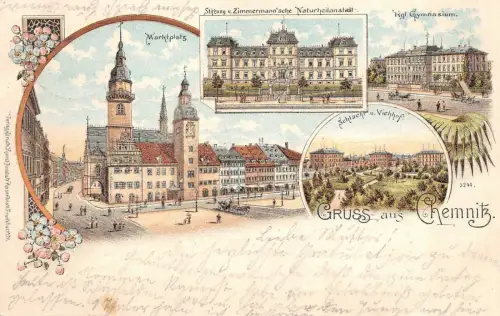 Gruss aus Chemnitz Marktplatz Naturheilanstalt Litho AK 1900