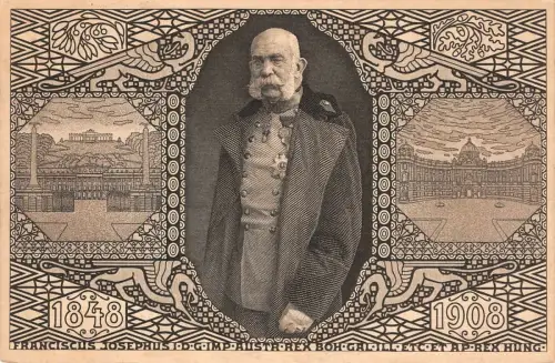 Jubiläumskarte mit Portrait Kaiser Franz Joseph Patriotika Postkarte AK 1908