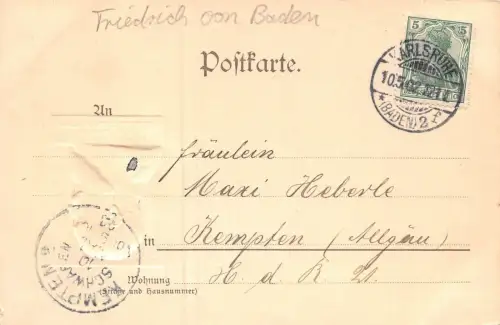 Jubiläumskarte mit Portrait Friedrich von Baden Patriotika mit Prägung AK