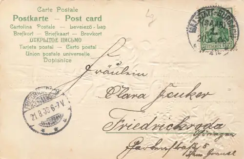 Sei gegrüsst Kutsche Pferde Blumen Winken Wegweiser Postkarte AK 1906
