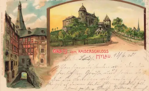 Gruss vom Kaiserschloss Mylau Auffahrt Postkarte AK 1905