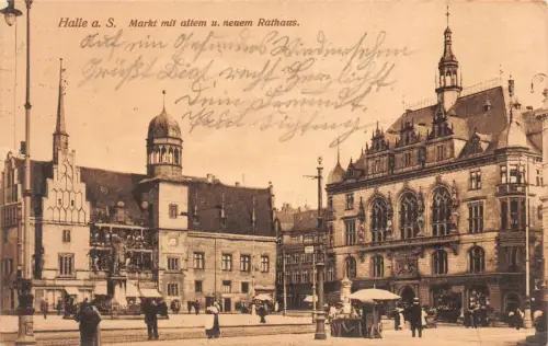 Markt mit altem und neuen Rathaus Halle an der Saale Sachsen-Anhalt AK 1914